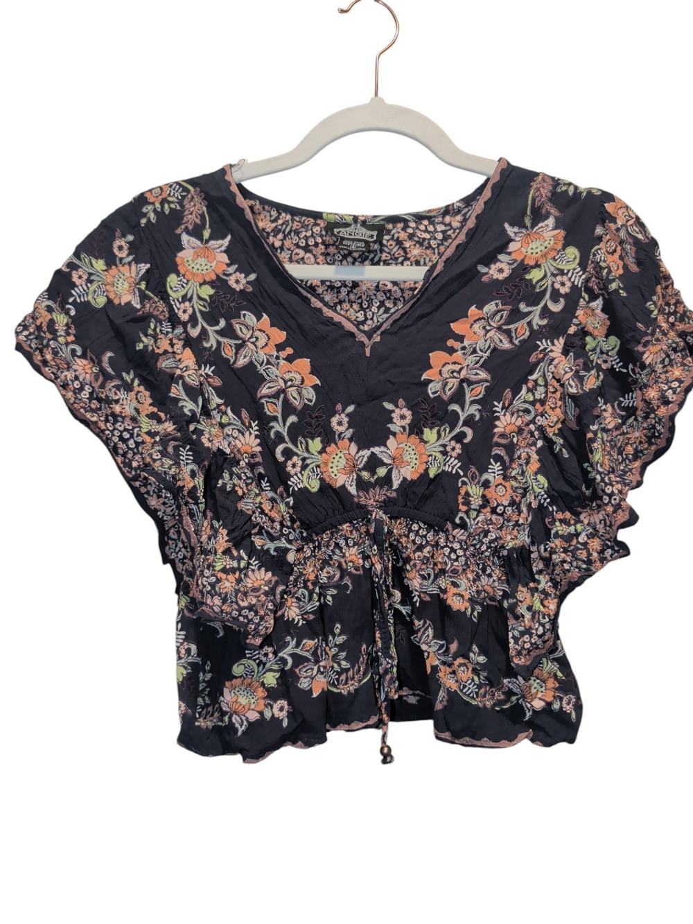 Angie Black Floral V-Neck Cinch-Waist Flutter Sleeve Top (#D225)